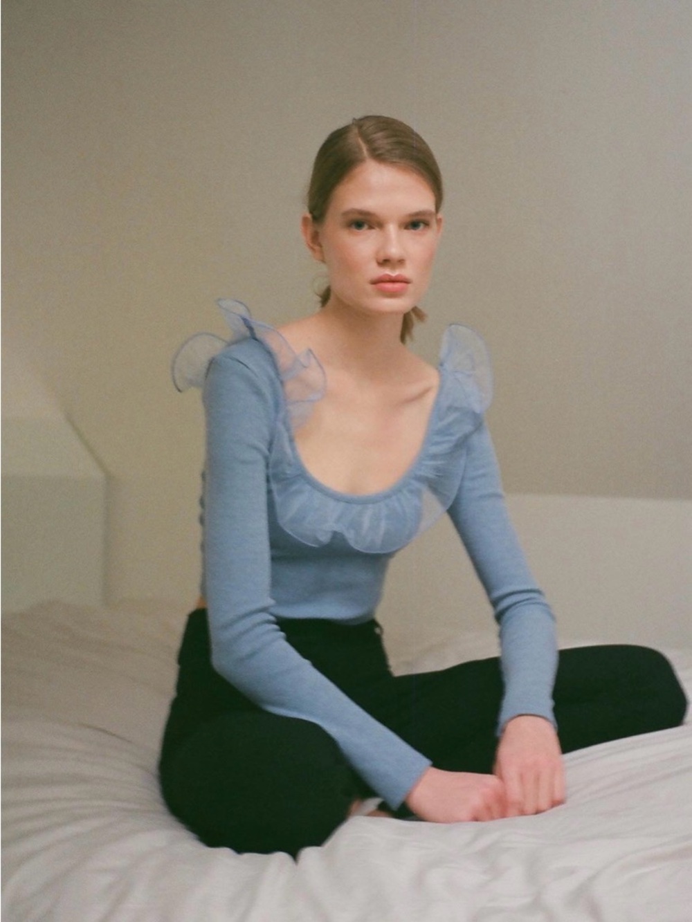 Zara Blue Ruffled Organza Knit Top
